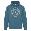 A slate blue pullover hoodie with a white circular graphic on the chest that reads 'Equestrian Lifestyle' around a horseshoe