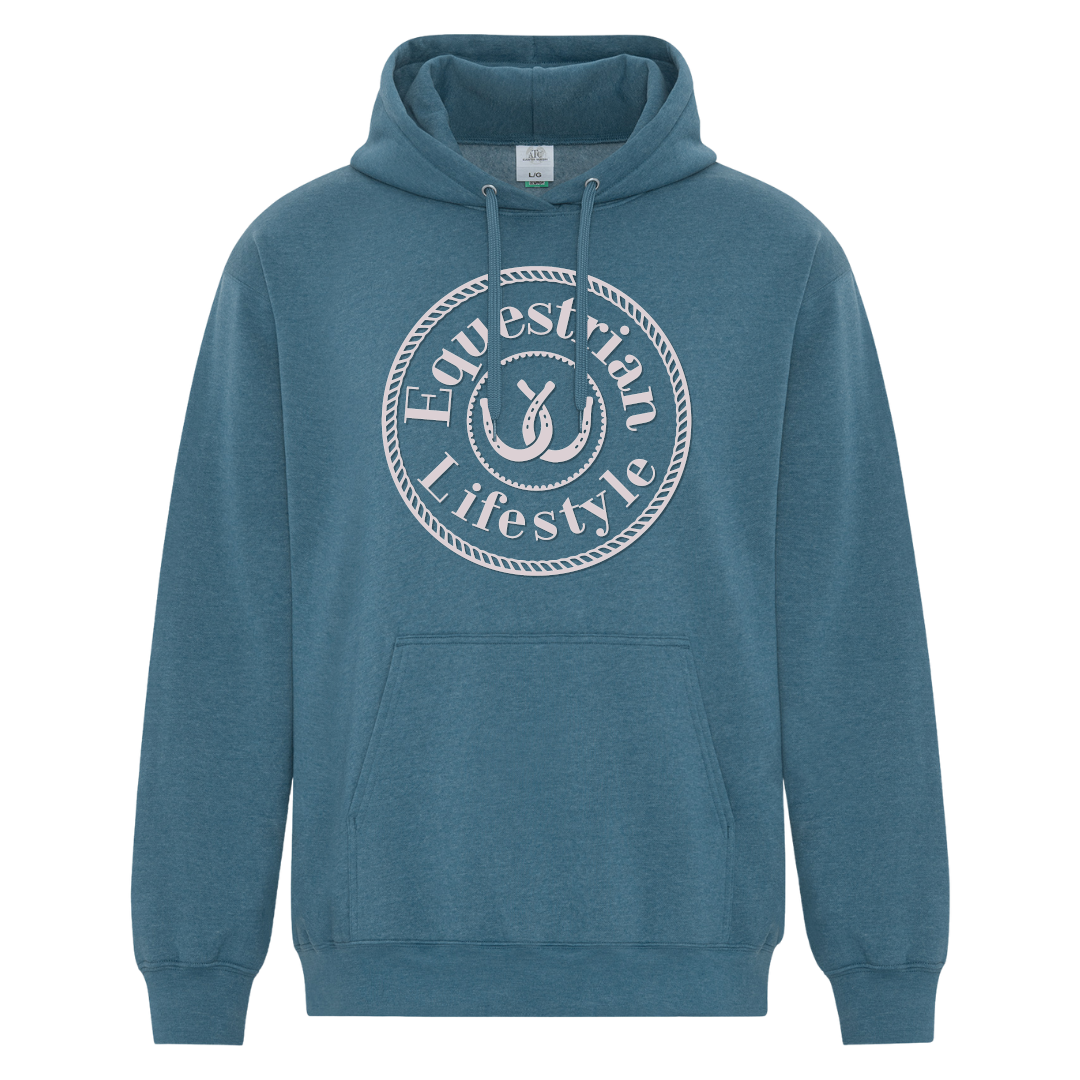 A slate blue pullover hoodie with a white circular graphic on the chest that reads 'Equestrian Lifestyle' around a horseshoe