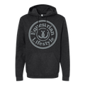 A dark heather gray pullover hoodie with a large circular graphic on the chest reading 'Equestrian Lifestyle' in white and gray, set against a plain white background.