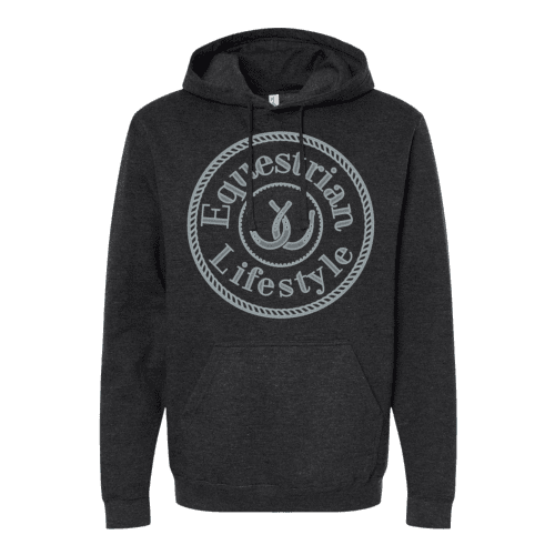A dark heather gray pullover hoodie with a large circular graphic on the chest reading 'Equestrian Lifestyle' in white and gray, set against a plain white background.