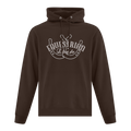 A dark brown pullover hoodie with a white graphic on the chest reading 'EQUESTRIAN Lifestyle' featuring a horseshoe 