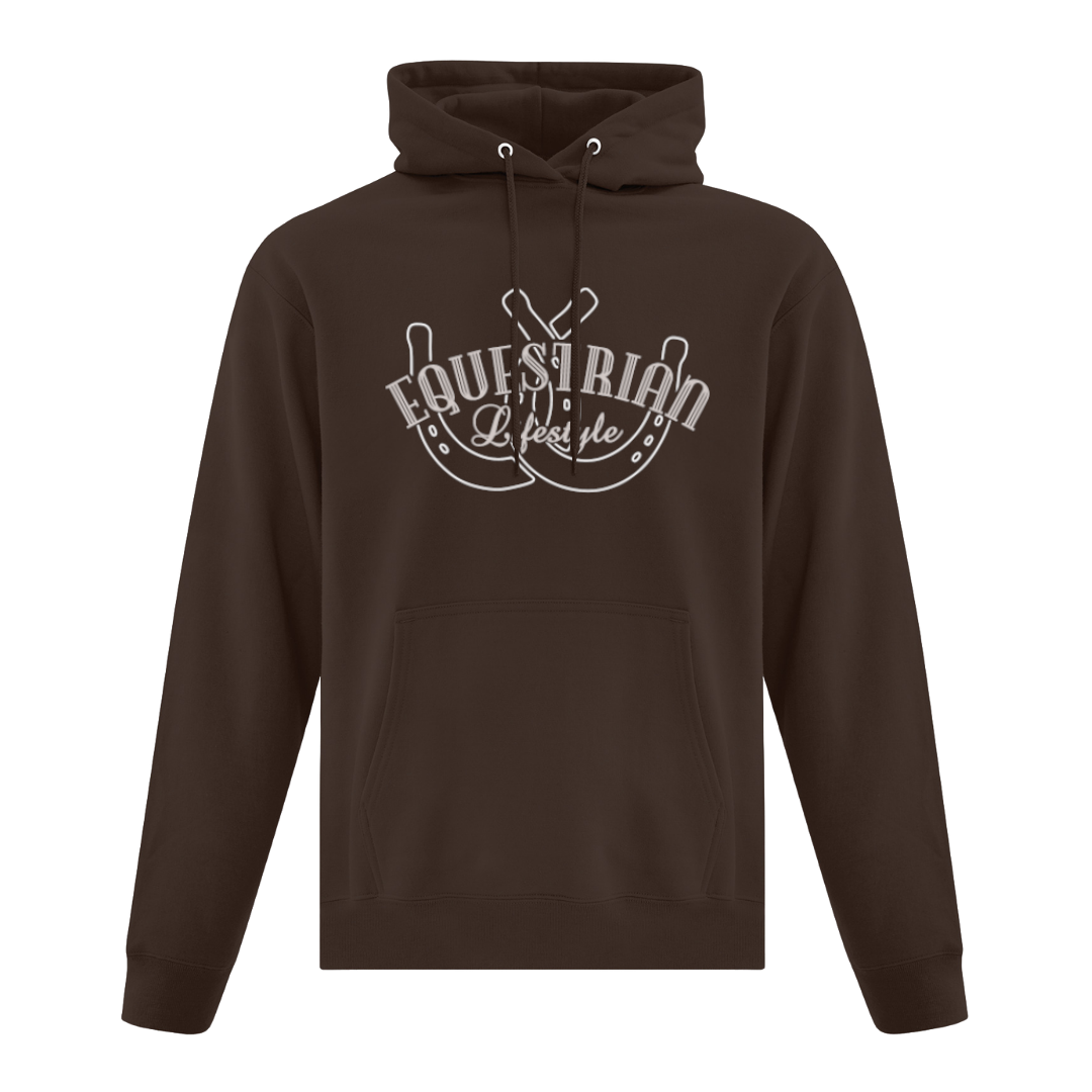 A dark brown pullover hoodie with a white graphic on the chest reading 'EQUESTRIAN Lifestyle' featuring a horseshoe 