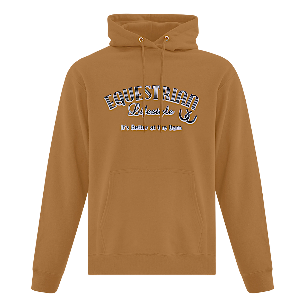 A camel brown pullover hoodie with a front kangaroo pocket and drawstrings, featuring a graphic print on the chest that reads 'EQUESTRIAN Lifesyle It's better at the barn"' in arched varsity-style letters with 'It's Better at the barn' underneath.