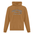 A camel brown pullover hoodie with a front kangaroo pocket and drawstrings, featuring a graphic print on the chest that reads 'EQUESTRIAN Lifesyle It's better at the barn"' in arched varsity-style letters with 'It's Better at the barn' underneath.