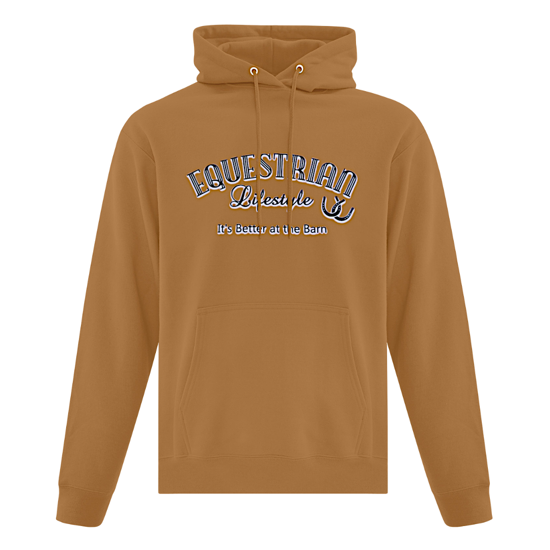 A camel brown pullover hoodie with a front kangaroo pocket and drawstrings, featuring a graphic print on the chest that reads 'EQUESTRIAN Lifesyle It's better at the barn"' in arched varsity-style letters with 'It's Better at the barn' underneath.