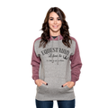 A woman modeling a heather gray and maroon raglan hoodie with 'EQUESTRIAN Lifestyle and Its better at the barn' printed on the front, set against a plain white background.