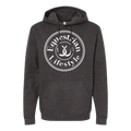 A dark heather gray pullover hoodie with a white circular graphic on the chest reading 'Equestrian Lifestyle' around a horseshoe illustration, shown on a plain white background.