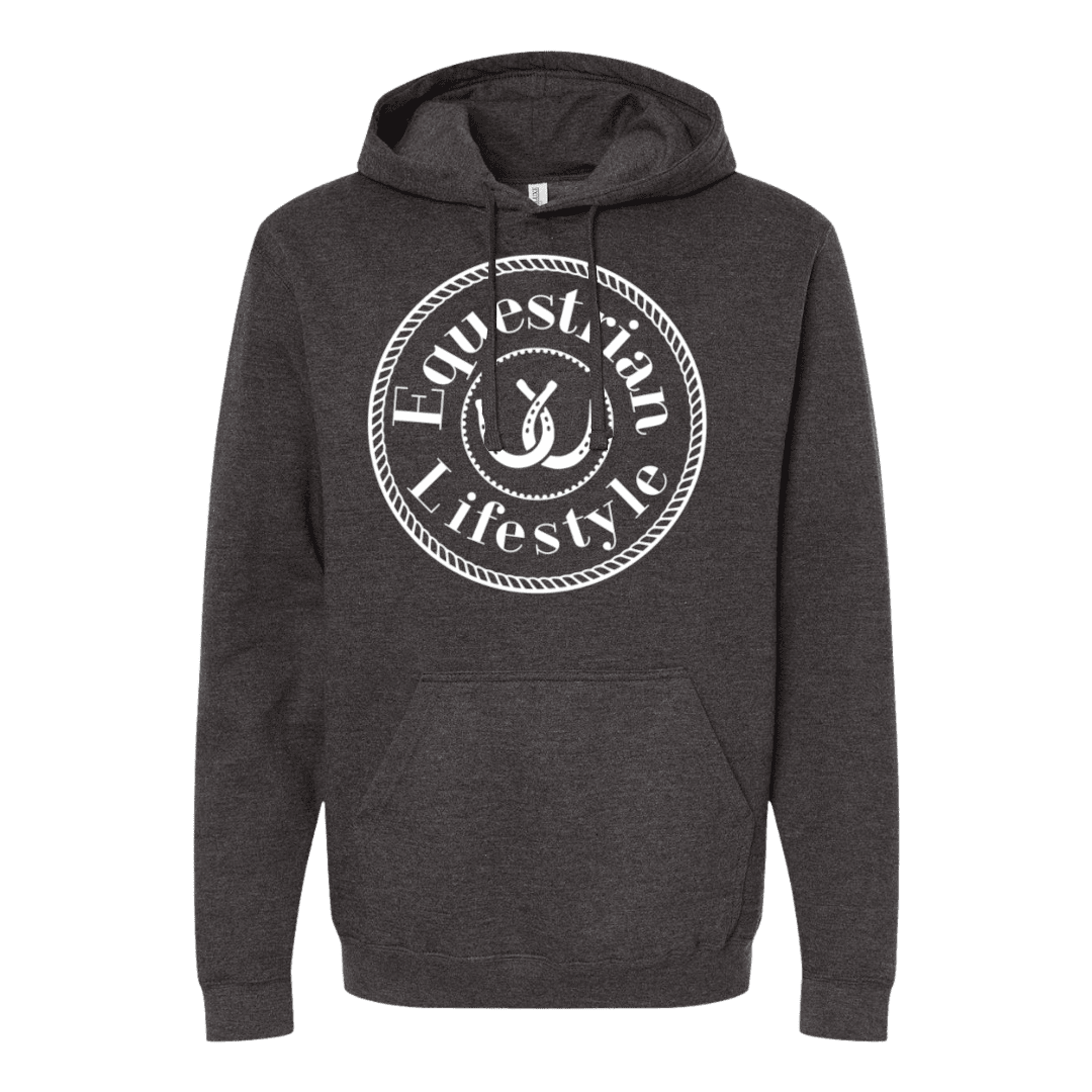 A dark heather gray pullover hoodie with a white circular graphic on the chest reading 'Equestrian Lifestyle' around a horseshoe illustration, shown on a plain white background.