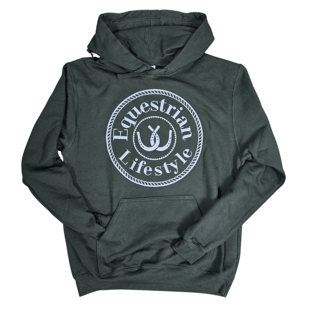 A dark  green pullover hoodie with a white circular graphic on the chest that reads 'Equestrian Lifestyle' around a horseshoe symbol, displayed against a solid white background.
