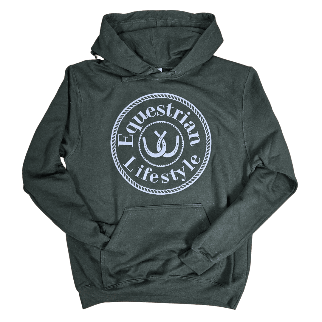 A dark  green pullover hoodie with a white circular graphic on the chest that reads 'Equestrian Lifestyle' around a horseshoe symbol, displayed against a solid white background.