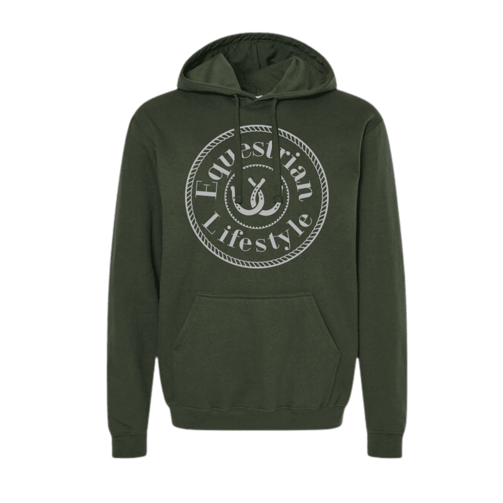 A green pullover hoodie with a white circular graphic on the chest that reads 'Equestrian Lifestyle' around a horseshoe illustration, shown against a plain white background.