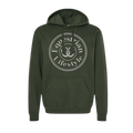 A green pullover hoodie with a white circular graphic on the chest that reads 'Equestrian Lifestyle' around a horseshoe illustration, shown against a plain white background.
