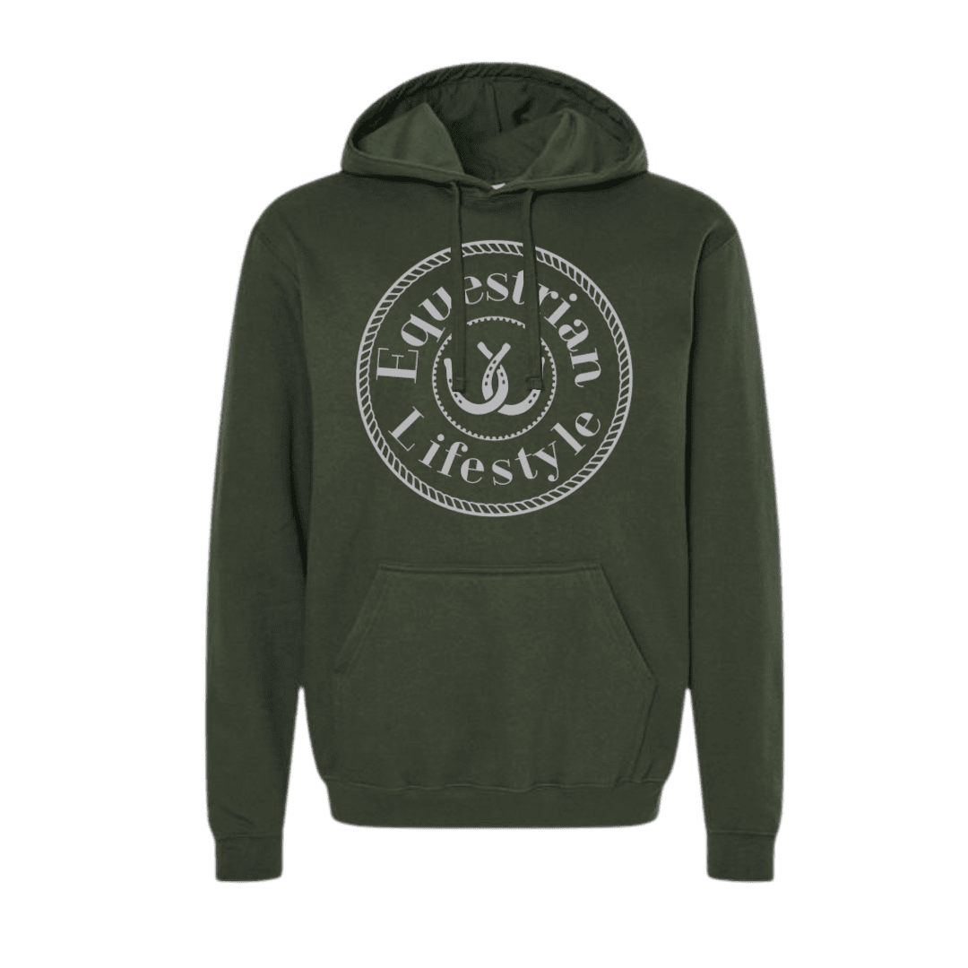A green pullover hoodie with a white circular graphic on the chest that reads 'Equestrian Lifestyle' around a horseshoe illustration, shown against a plain white background.