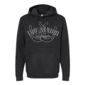 A dark heather gray hoodie with a light gray graphic on the chest featuring  two horseshoes with the text 'EQUESTRIAN Lifestyle' written across them.