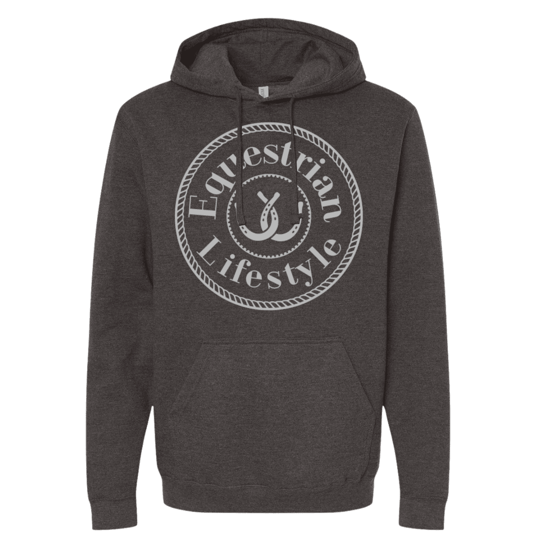 A dark heather gray pullover hoodie with a white circular graphic on the chest that reads 'Equestrian Lifestyle' around a horseshoe, shown on a plain white background.