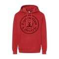 A red heather pullover hoodie with a black circular graphic on the chest reading 'Equestrian Lifestyle' around a horseshoe emblem, shown on a plain white background.