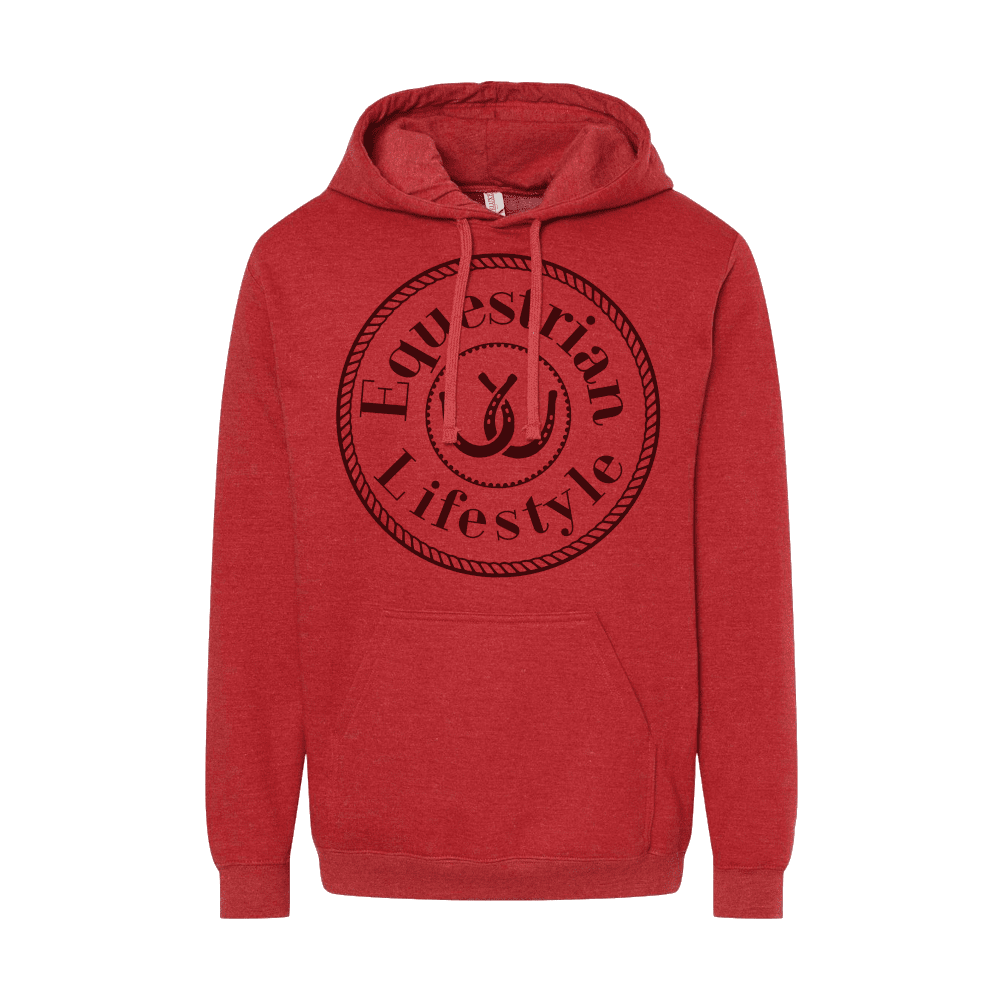 A red heather pullover hoodie with a black circular graphic on the chest reading 'Equestrian Lifestyle' around a horseshoe emblem, shown on a plain white background.