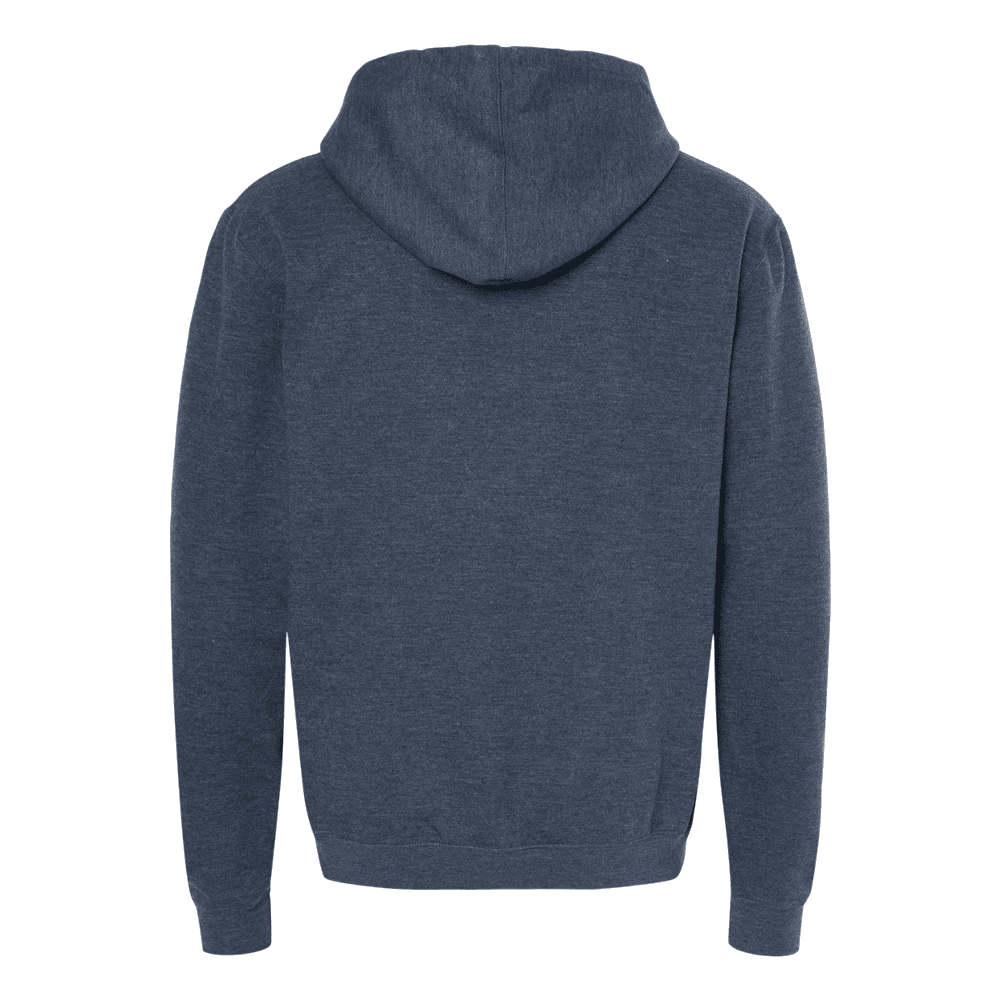 A heathered slate blue hoodie shown from the back, featuring a classic hood and long sleeves, photographed against a solid white background.