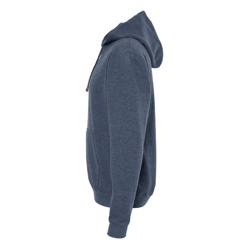 A heathered slate blue pullover hoodie shown from a side profile view against a solid white background.
