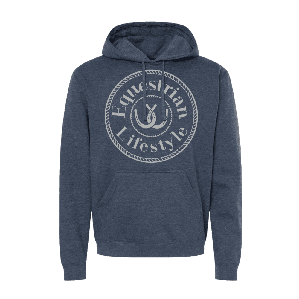A heathered navy blue pullover hoodie with a white circular graphic on the chest reading 'Equestrian Lifestyle' around a horseshoe illustration, shown on a plain white background.