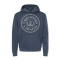 A heathered navy blue pullover hoodie with a white circular graphic on the chest reading 'Equestrian Lifestyle' around a horseshoe illustration, shown on a plain white background.