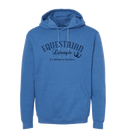 A heather blue pullover hoodie with a dark navy graphic on the chest that reads 'EQUESTRIAN Lifestyle It's Better at the Barn' with a horseshoe symbol, shown on a plain white background.