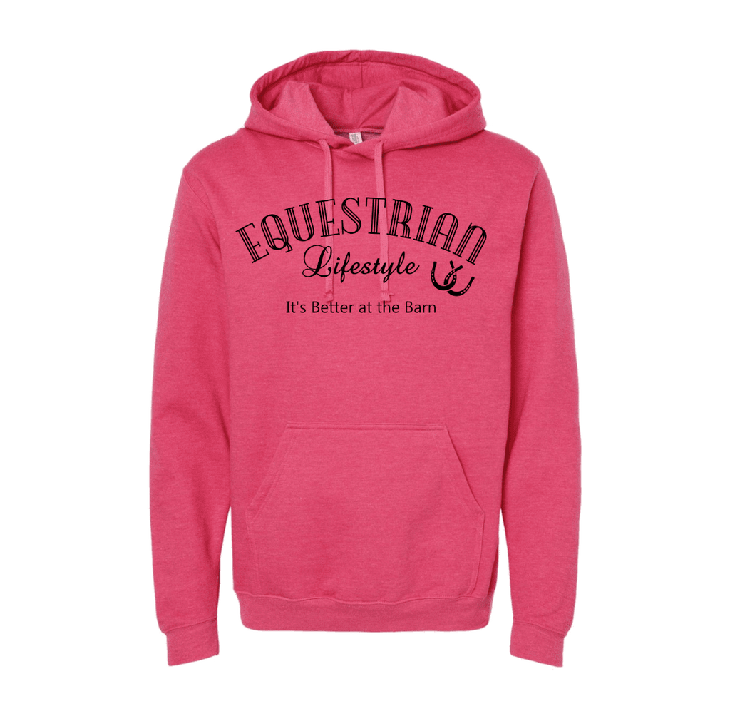A heather pink pullover hoodie with a black graphic print on the chest reading 'EQUESTRIAN Lifestyle It's Better at the Barn' with a small horseshoe icon, shown on a plain white background.