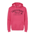 A heather pink pullover hoodie with a black graphic print on the chest reading 'EQUESTRIAN Lifestyle It's Better at the Barn' with a small horseshoe icon, shown on a plain white background.