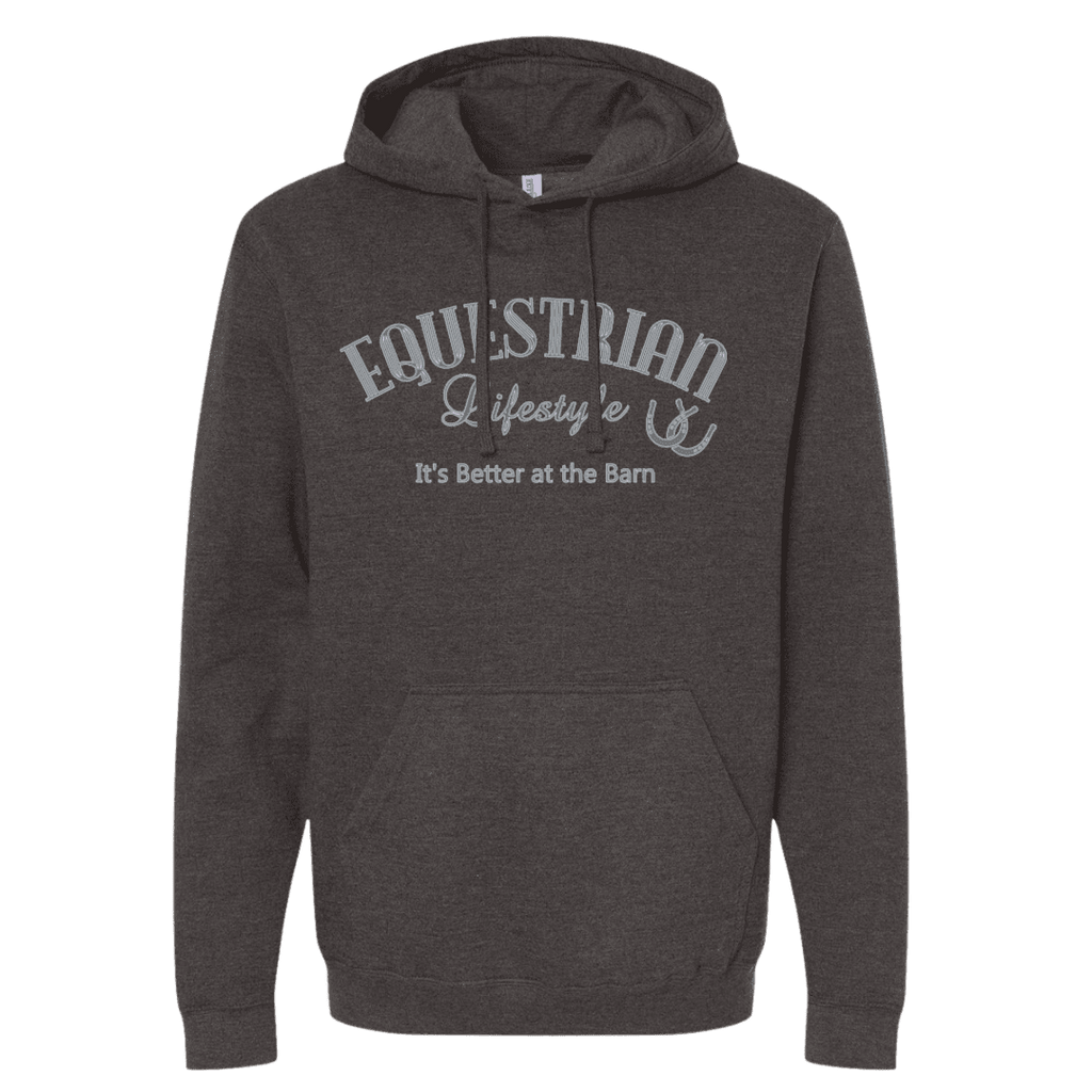 A dark heather gray pullover hoodie with a front kangaroo pocket and drawstring hood, featuring a light gray graphic print on the chest that reads 'EQUESTRIAN Lifestyle' and 'It's Better at the Barn'.