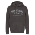 A dark heather gray pullover hoodie with a front kangaroo pocket and drawstring hood, featuring a light gray graphic print on the chest that reads 'EQUESTRIAN Lifestyle' and 'It's Better at the Barn'.