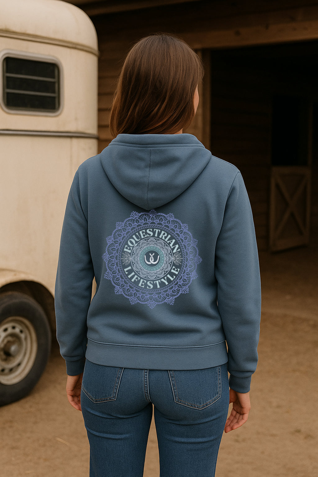 A woman viewed from behind wearing a slate blue hoodie with a large circular 'EOUESTRIAN LIFESTYLE' graphic printed on the back, paired with blue jeans in front of a rustic barn and horse trailer.