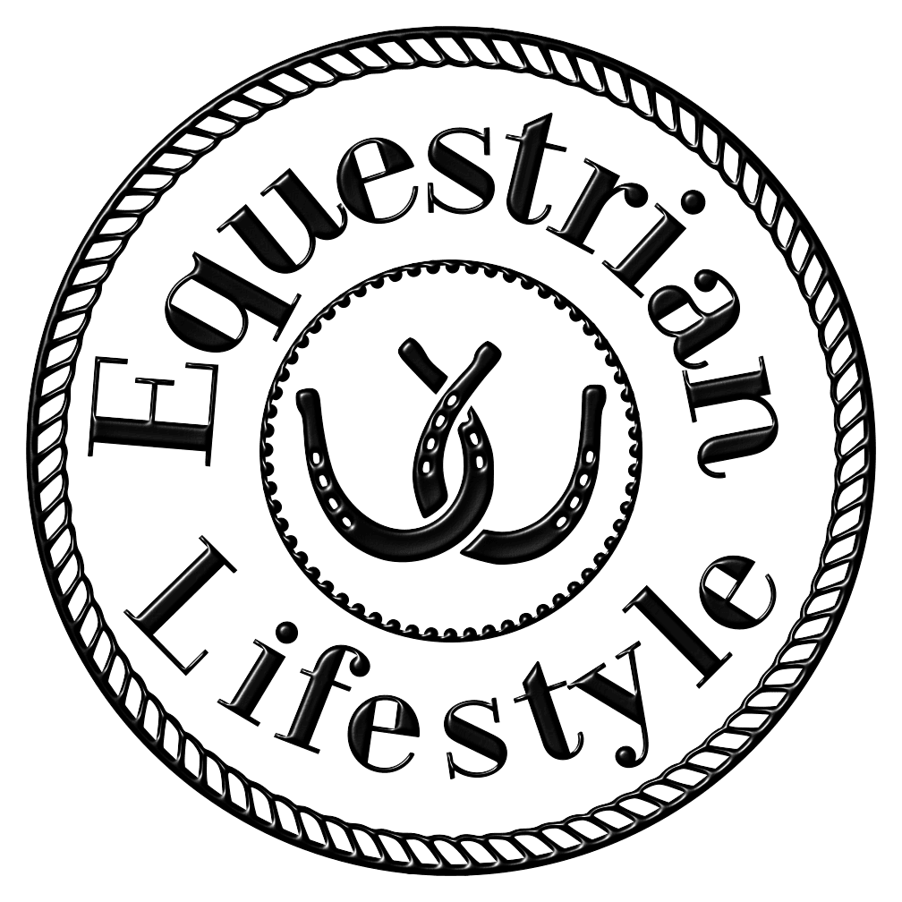 A circular black and white graphic with the words 'Equestrian Lifestyle' in stylized lettering around a central horseshoe and bit motif, framed by a rope-like border.