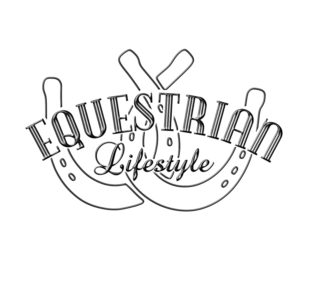 A black line art logo featuring the words 'EQUESTRIAN Lifestyle' with decorative horseshoes on a plain white background.
