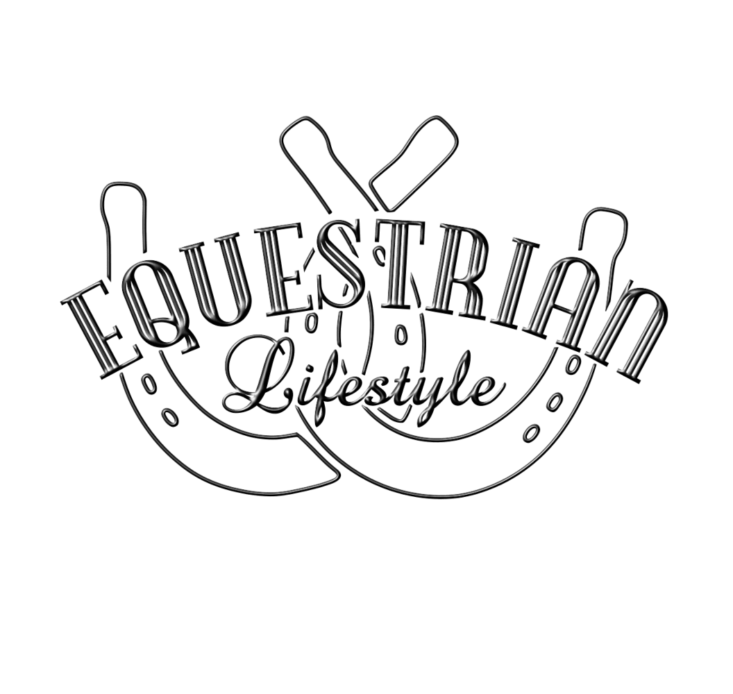 A black line art logo featuring the words 'EQUESTRIAN Lifestyle' with decorative horseshoes on a plain white background.