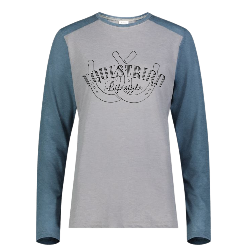 A long-sleeve raglan t-shirt with a heather gray body and slate blue sleeves, featuring a black graphic of horseshoes with the text 'EQUESTRIAN Lifestyle' printed on the chest.