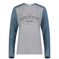A long-sleeve raglan t-shirt with a heather gray body and slate blue sleeves, featuring a black graphic of horseshoes with the text 'EQUESTRIAN Lifestyle' printed on the chest.