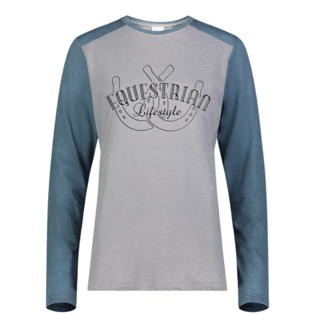 A long-sleeve raglan t-shirt with a heather gray body and slate blue sleeves, featuring a black graphic of horseshoes with the text 'EQUESTRIAN Lifestyle' printed on the chest.