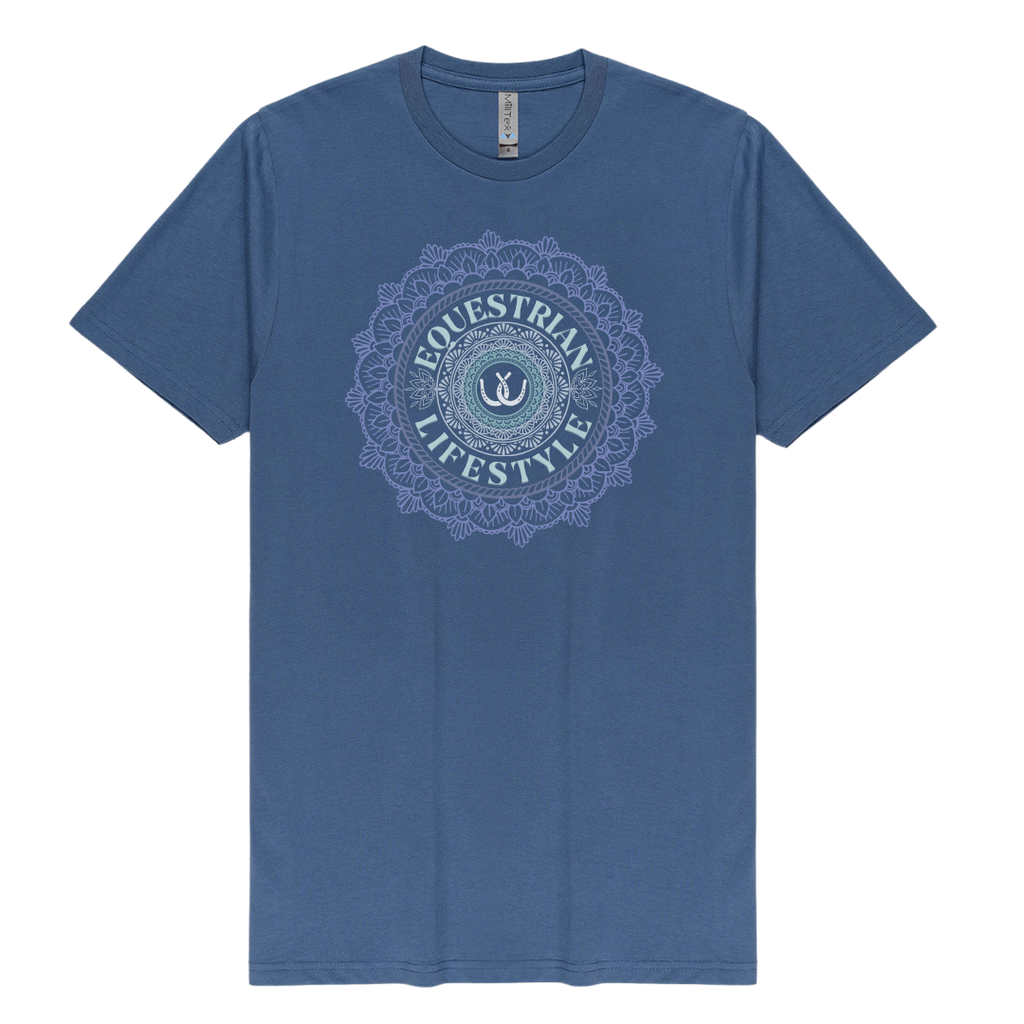 A blue short-sleeve crewneck t-shirt with a circular mandala-style graphic on the chest reading 'EQUESTRIAN LIFESTYLE' in light blue and white.