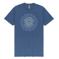 A blue short-sleeve crewneck t-shirt with a circular mandala-style graphic on the chest reading 'EQUESTRIAN LIFESTYLE' in light blue and white.