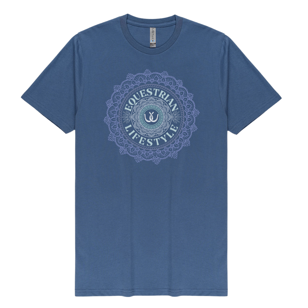 A blue short-sleeve crewneck t-shirt with a circular mandala-style graphic on the chest reading 'EQUESTRIAN LIFESTYLE' in light blue and white.