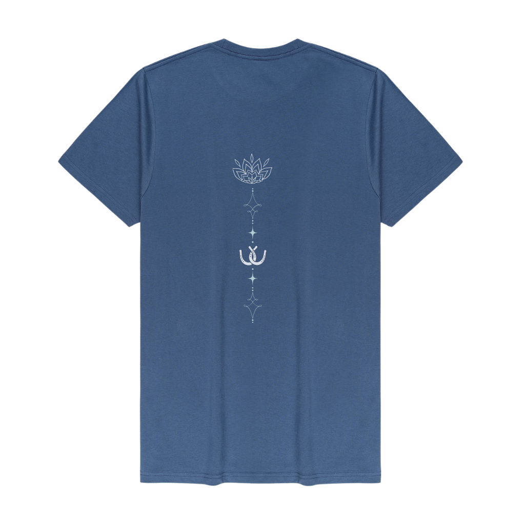 A blue short-sleeve t-shirt shown from the back, featuring a vertical white graphic print with a lotus flower, stars, and a horseshoe in the center.