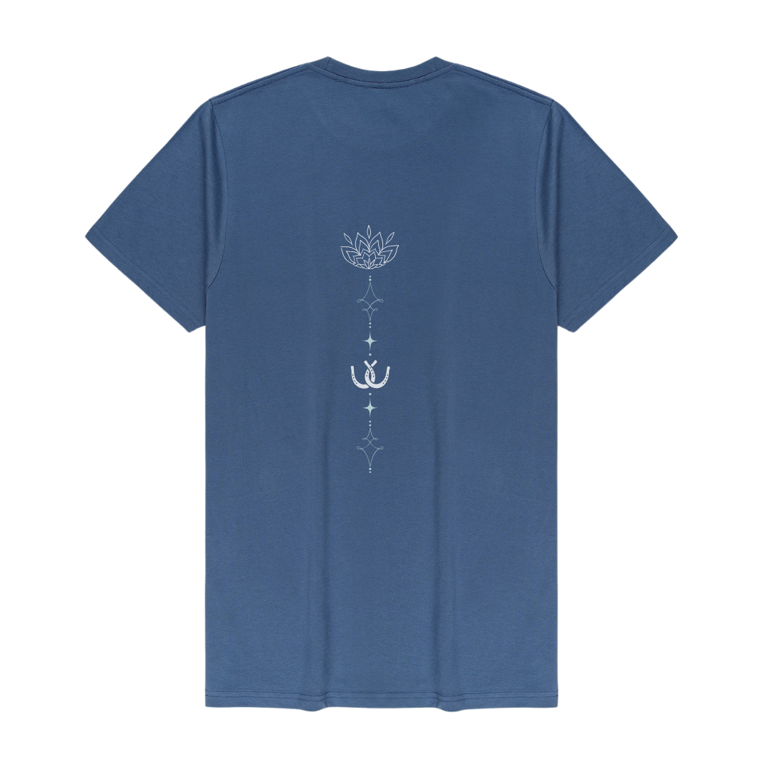 A blue short-sleeve t-shirt shown from the back, featuring a vertical white graphic print with a lotus flower, stars, and a horseshoe in the center.