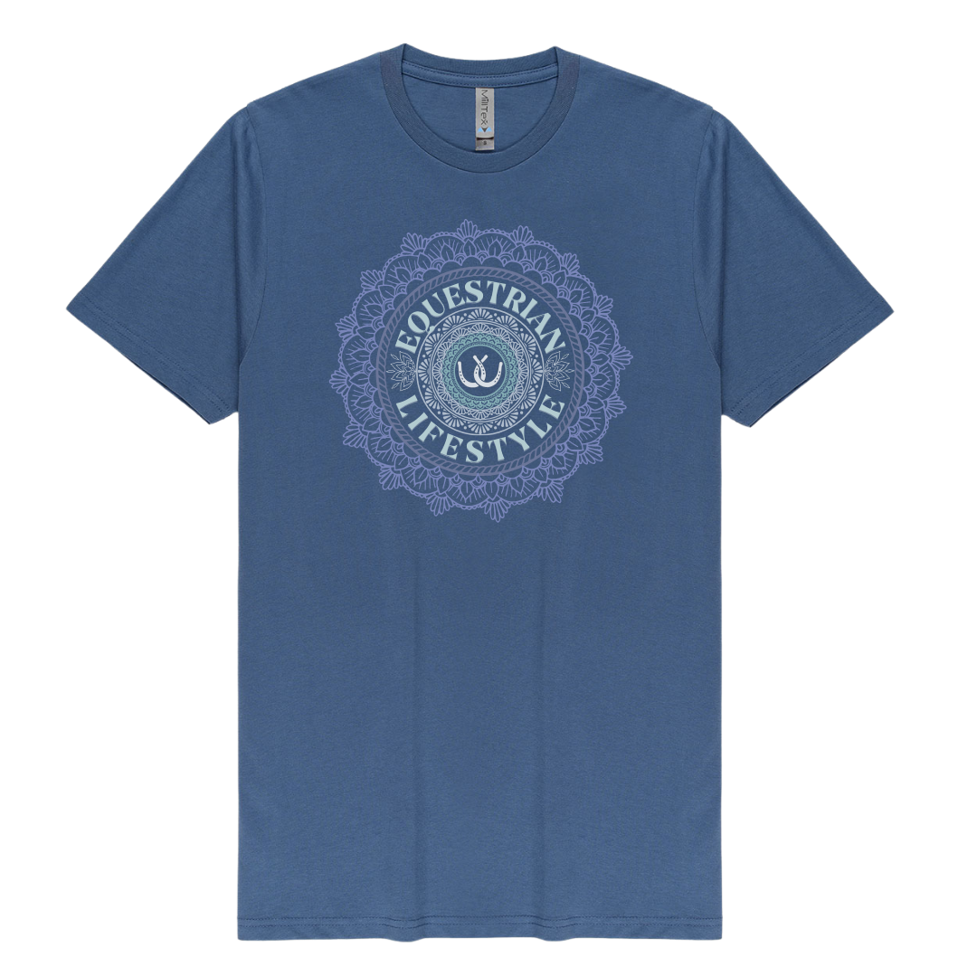 A blue short-sleeve crewneck t-shirt with a circular mandala-style graphic on the chest reading 'EQUESTRIAN LIFESTYLE' in light blue and white.