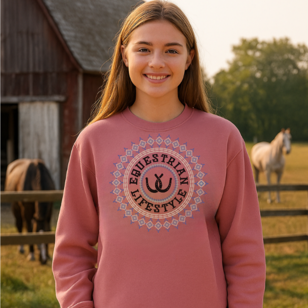 A smiling young woman stands outdoors in front of a barn and horses, wearing a dusty pink crewneck sweatshirt with a circular graphic that reads 'Equestrian Lifestyle' and a central horseshoe