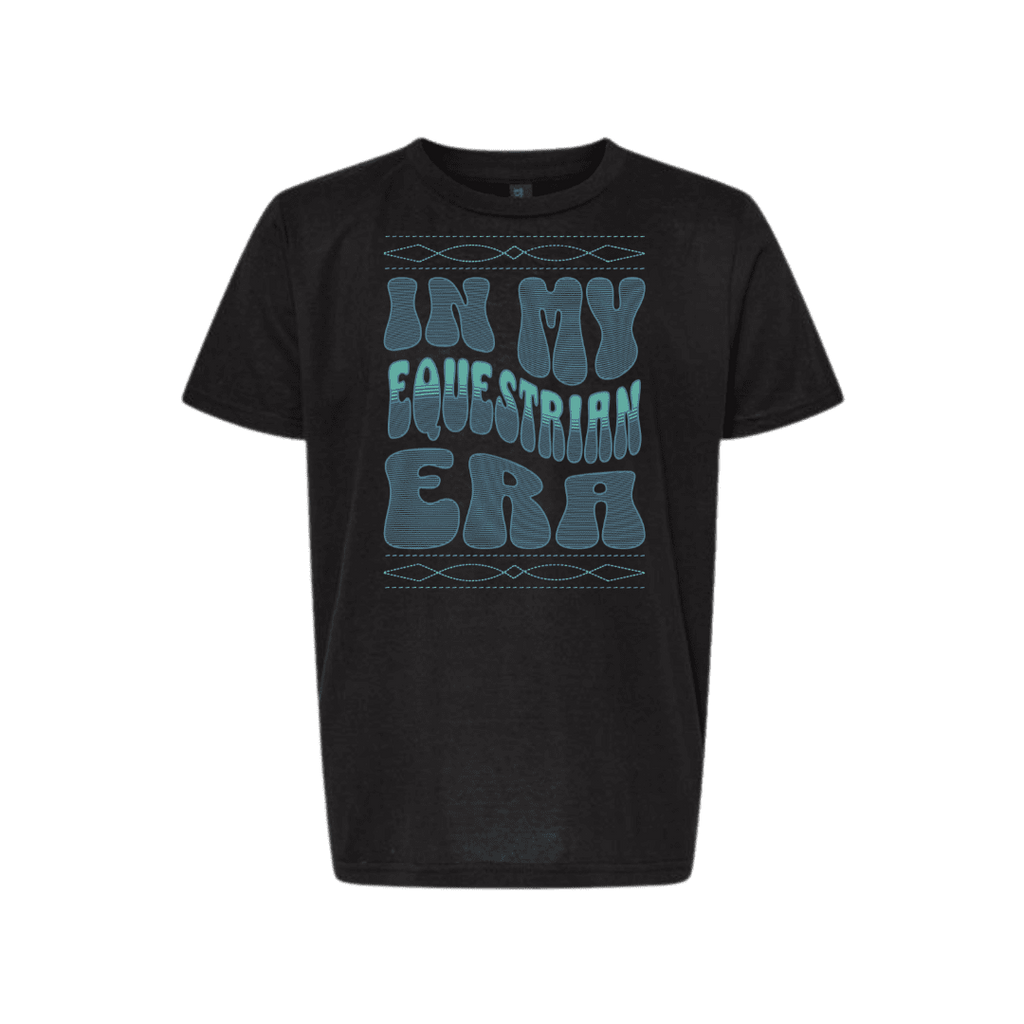 A black short-sleeve t-shirt with a retro-style graphic reading 'IN MY EQUESTRIAN ERA' in textured blue-gray lettering, flanked by decorative horizontal lines, shown against a plain white background.