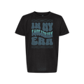 A black short-sleeve t-shirt with a retro-style graphic reading 'IN MY EQUESTRIAN ERA' in textured blue-gray lettering, flanked by decorative horizontal lines, shown against a plain white background.