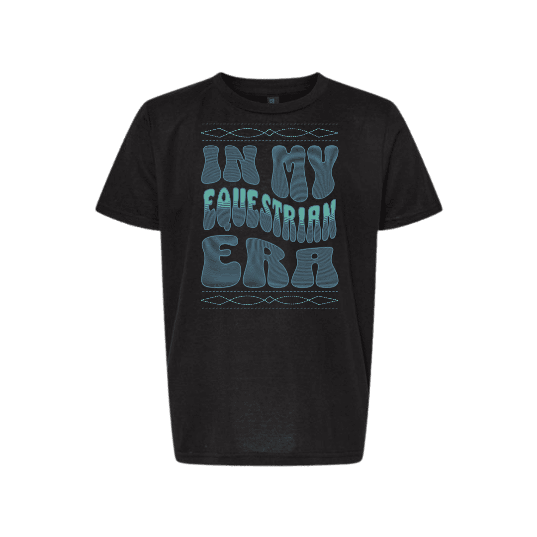A black short-sleeve t-shirt with a retro-style graphic reading 'IN MY EQUESTRIAN ERA' in textured blue-gray lettering, flanked by decorative horizontal lines, shown against a plain white background.