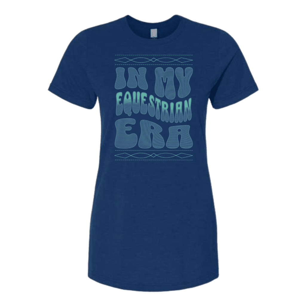 A navy blue short-sleeve t-shirt with a light blue graphic text print reading 'IN MY EQUESTRIAN ERA' on the front, displayed against a solid white background.