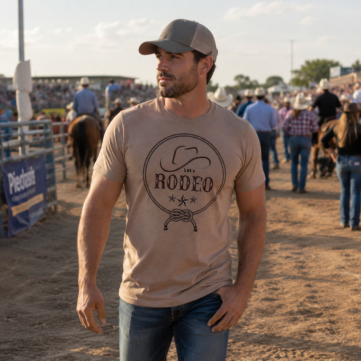A man at a rodeo event wearing a beige graphic t-shirt with a 'Let's Rodeo' cowboy hat design, a gray baseball cap, and blue jeans.