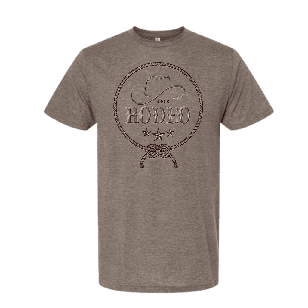 A heather gray short-sleeve crewneck t-shirt featuring a dark brown graphic on the chest with a cowboy hat, rope, stars, and the text 'Lets rodeo.